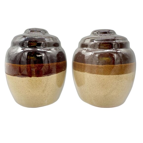 Vintage Clay Jug Salt and Pepper Shakers Brown and Tan Glossy Finish - Picture 5 of 7